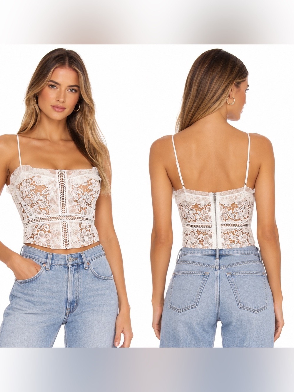 CIBABY White Floral Lace Nude Illusion Corset Bustier Crop Top XS